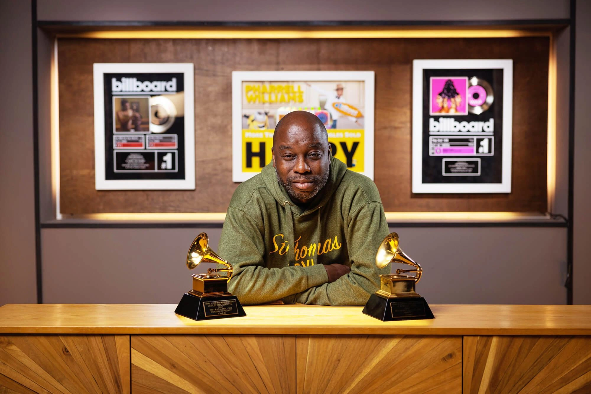 Leslie Brathwaite in his Atlanta studio with two Grammy Awards